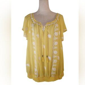 Torrid Yellow and White Floral Embroidered Chiffon Blouse Size 1